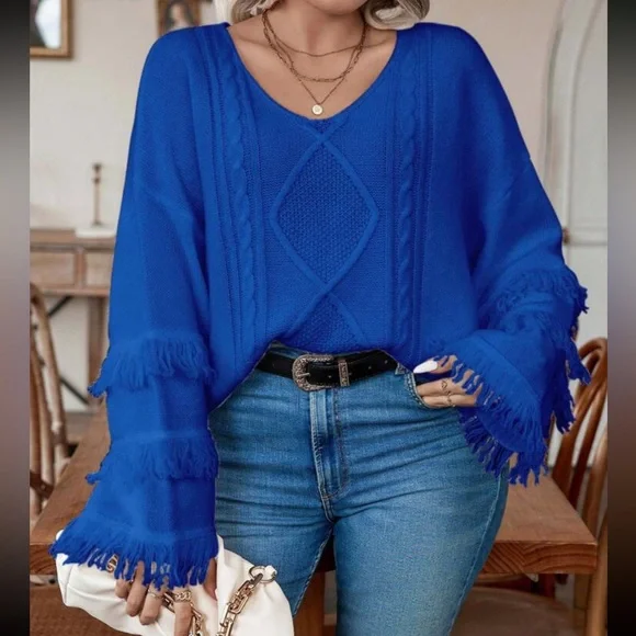 Plus size cozy fringe detail cable knit sweater top